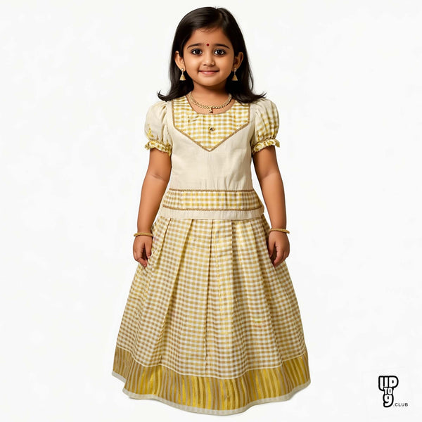 SHREE DEVI  Girls Traditional Indian Lehenga Choli Set, Yellow and White ,Checked Tissue Cotton Pattu Pavada Frock