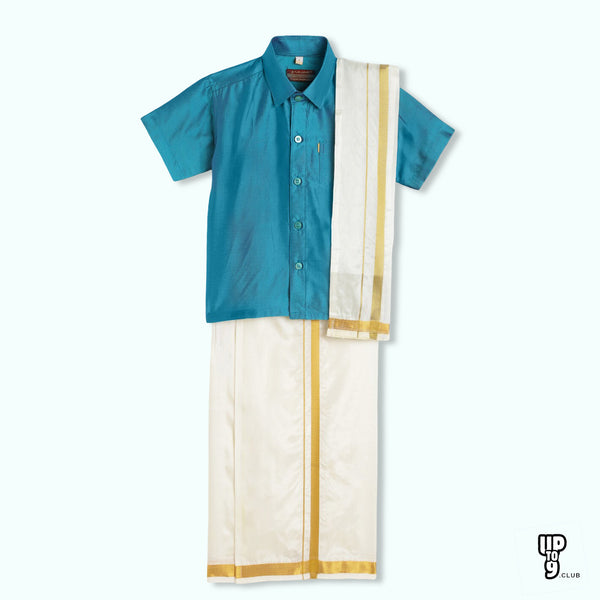 THANGAMAGAN PREMIUM Boys Blue Shirt with Self-attaching Dhoti, Towel And Freebies Set