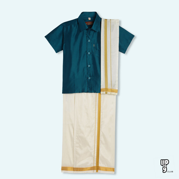 THANGAMAGAN PREMIUM Boys Teal Shirt with Self-attaching Dhoti, Towel And Freebies Set