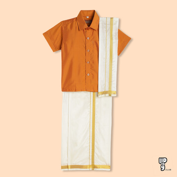 THANGAMAGAN PREMIUM Boys Orange Shirt with Self-attaching Dhoti, Towel And Freebies Set