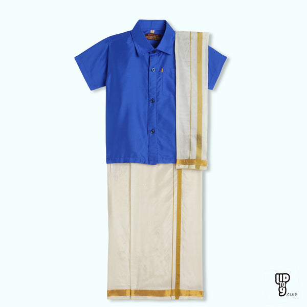 THANGAMAGAN PREMIUM Boys Blue Shirt with Self-attaching Dhoti, Towel And Freebies Set