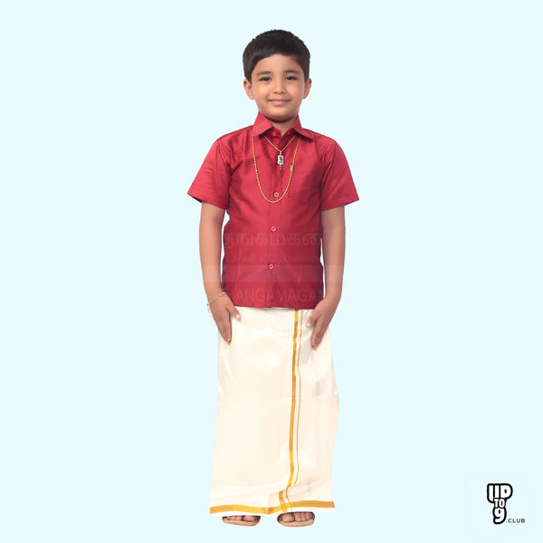 THANGAMAGAN PREMIUM Boys Red Shirt with Self-attaching Dhoti, Towel And Freebies Set
