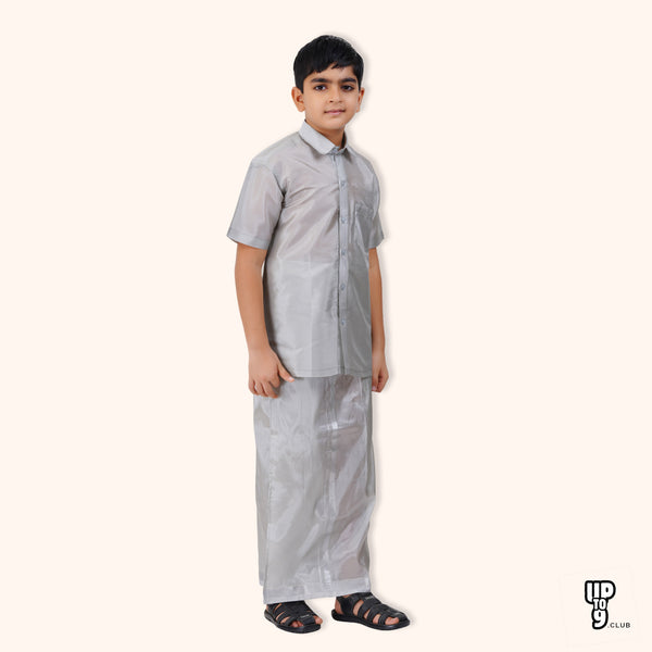 SKV ETHNIVERSE Padmaavathi's Ethnic Wear for Boys Grey Silk Shirt - Dhoti Set