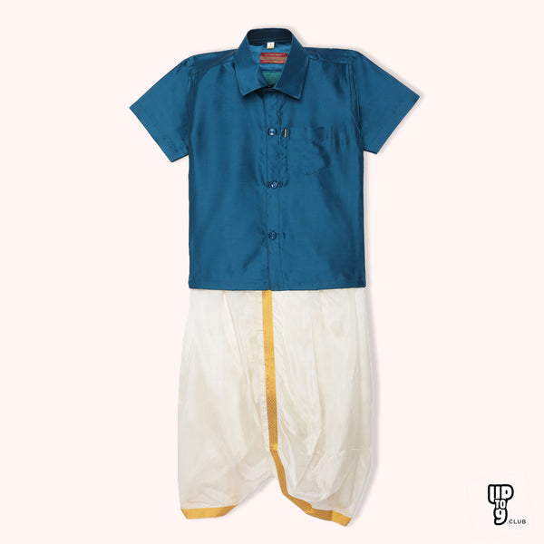 THANGAMAGAN PREMIUM Solid Blue Boys Panjagajam &amp; Shirt Set