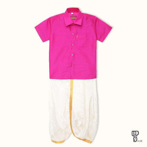 THANGAMAGAN PREMIUM Solid Pink Boys Panjagajam & Shirt Set