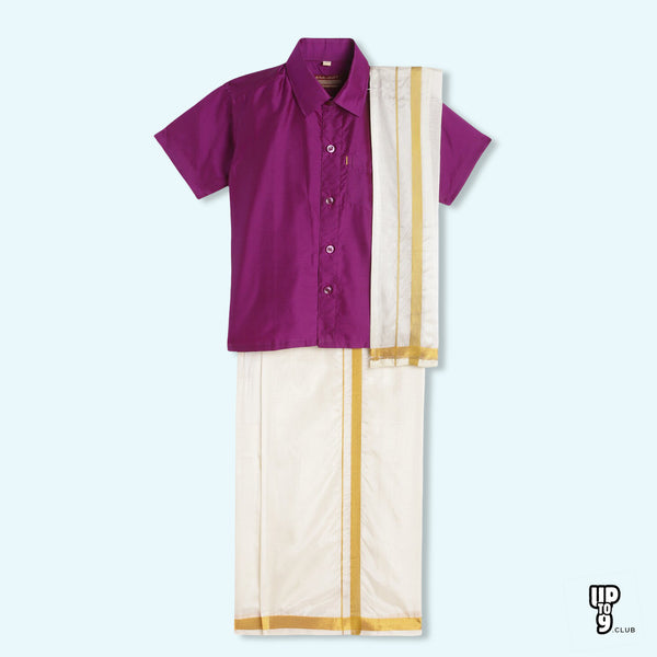 THANGAMAGAN PREMIUM Boys Purple Shirt with Self-attaching Dhoti, Towel And Freebies Set