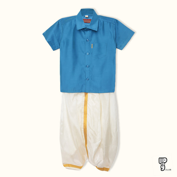 THANGAMAGAN PREMIUM Solid Blue Boys Panjagajam & Shirt Set