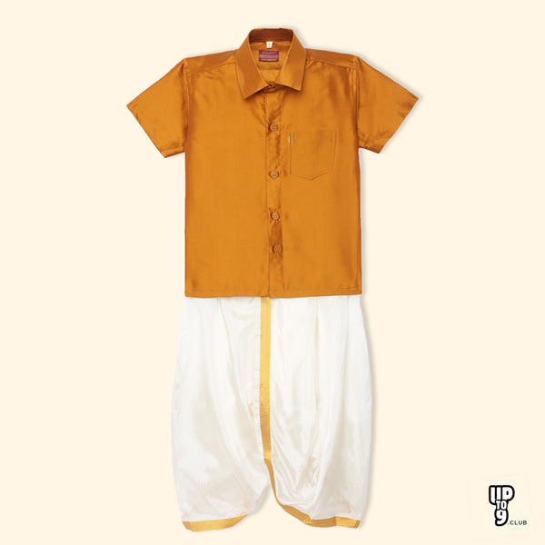 THANGAMAGAN PREMIUM Solid Mustard yellow Boys Panjagajam & Shirt Set