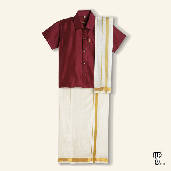 THANGAMAGAN PREMIUM Boys Maroon Shirt with Self-attaching Dhoti, Towel And Freebies Set
