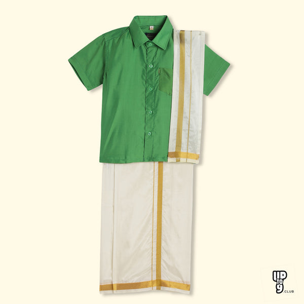 THANGAMAGAN PREMIUM Boys Green Shirt with Self-attaching Dhoti, Towel And Freebies Set