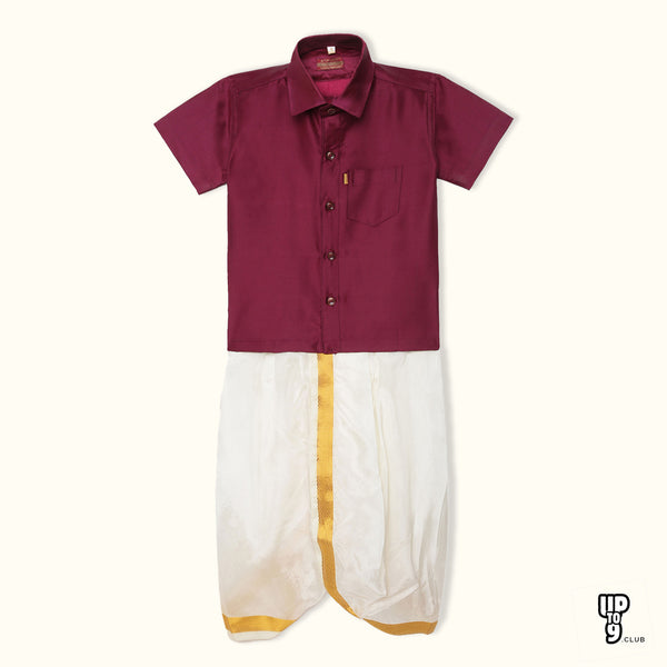 THANGAMAGAN PREMIUM Solid Maroon Boys Panjagajam & Shirt Set