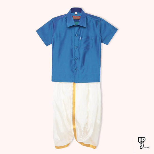 THANGAMAGAN PREMIUM Solid Blue Boys Panjagajam & Shirt Set