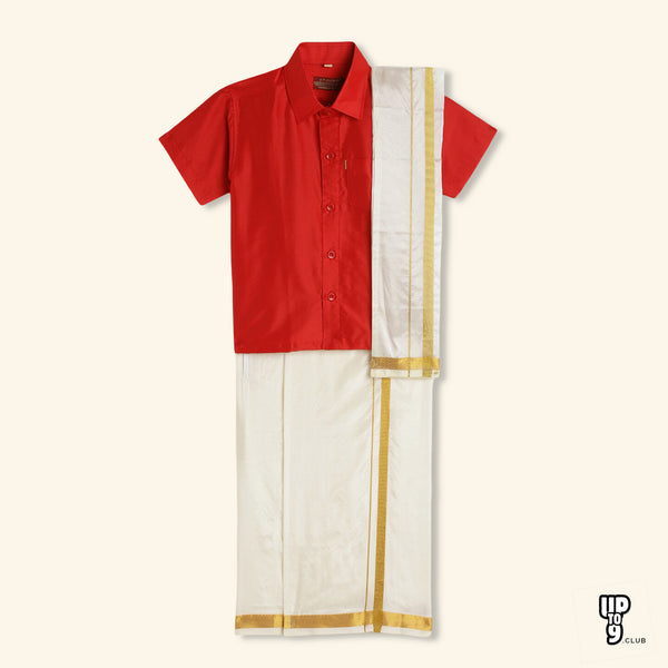 THANGAMAGAN PREMIUM Boys Red Shirt with Self-attaching Dhoti, Towel And Freebies Set