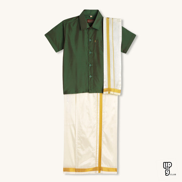 THANGAMAGAN PREMIUM Boys Green Shirt with Self-attaching Dhoti, Towel And Freebies Set