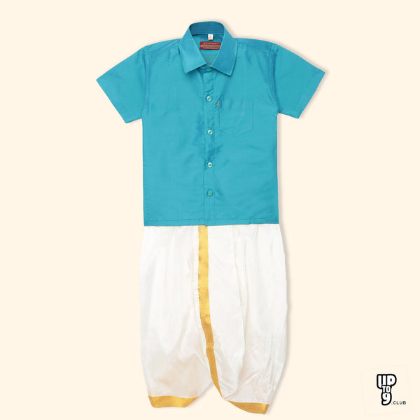 THANGAMAGAN PREMIUM Solid light blue Boys Panjagajam & Shirt Set