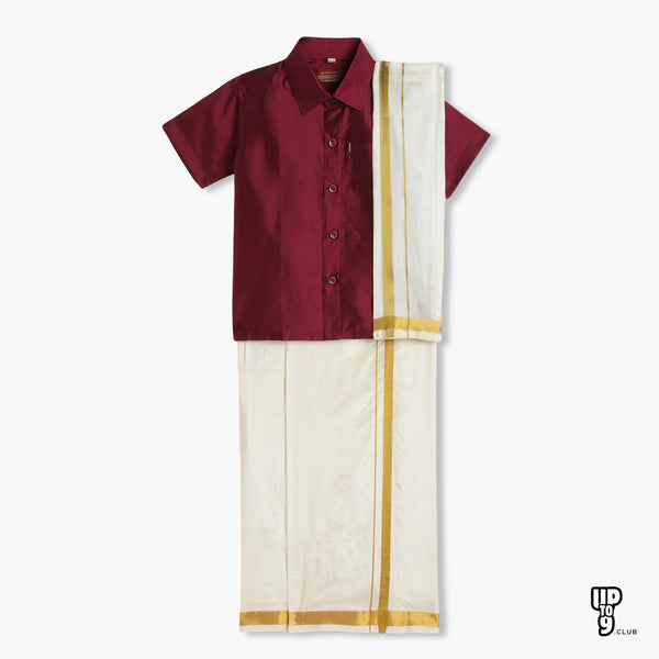 THANGAMAGAN PREMIUM Boys Maroon Shirt with Self-attaching Dhoti, Towel And Freebies Set