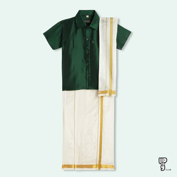 THANGAMAGAN PREMIUM Boys Dark Green Shirt with Self-attaching Dhoti, Towel And Freebies Set