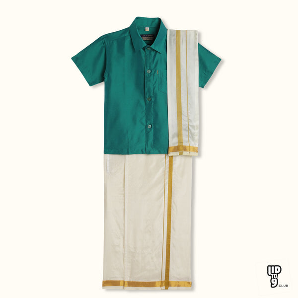 THANGAMAGAN PREMIUM Boys Green Shirt with Self-attaching Dhoti, Towel And Freebies Set