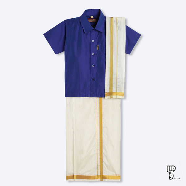 THANGAMAGAN PREMIUM Boys Blue Shirt with Self-attaching Dhoti, Towel And Freebies Set