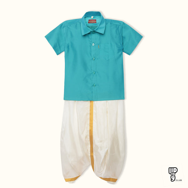 THANGAMAGAN PREMIUM Solid Turquoise Boys Panjagajam & Shirt Set
