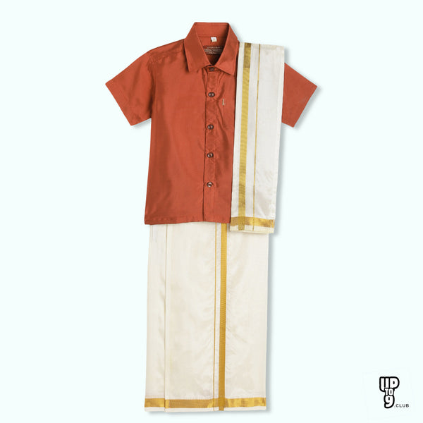 THANGAMAGAN PREMIUM Boys Orange Shirt with Self-attaching Dhoti, Towel And Freebies Set