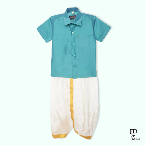 THANGAMAGAN PREMIUM Solid Teal Boys Panjagajam & Shirt Set