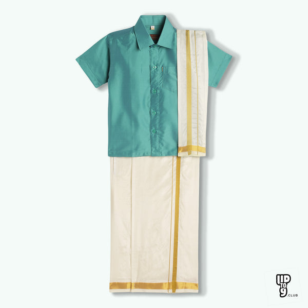 THANGAMAGAN PREMIUM Boys Teal  Shirt with Self-attaching Dhoti, Towel And Freebies Set
