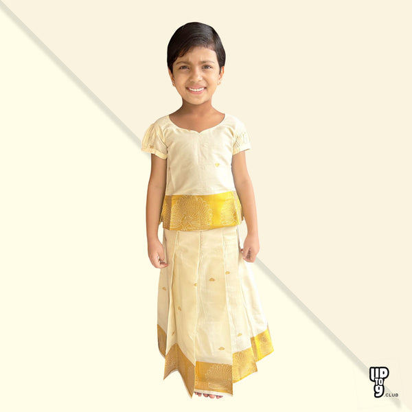 CHEALA FAB'S PREMIUM ethnic pure Cotton Silk Lehenga Choli Set, White & Gold designed Top With Full Length White & Gold Designed skirt Pattu Pavada