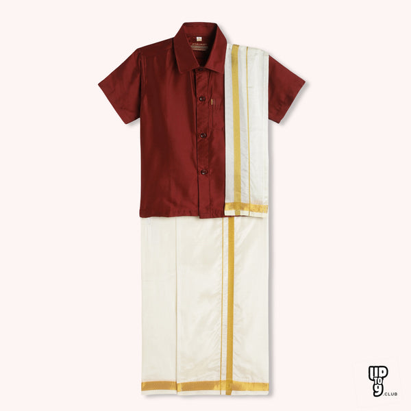 THANGAMAGAN PREMIUM Boys Maroon Shirt with Self-attaching Dhoti, Towel And Freebies Set