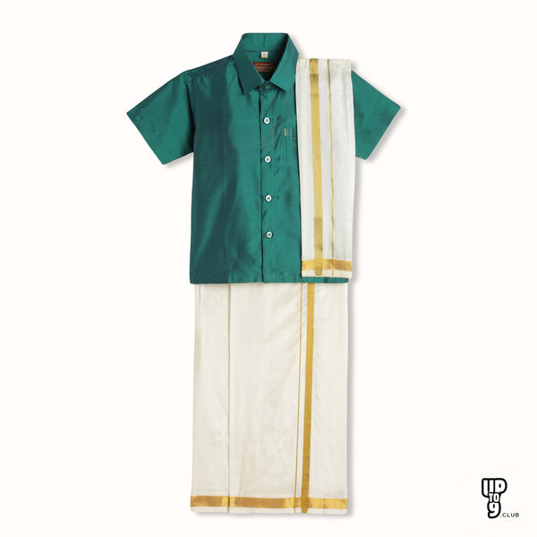 THANGAMAGAN PREMIUM Boys Green Shirt with Self-attaching Dhoti, Towel And Freebies Set