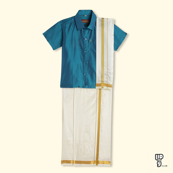THANGAMAGAN PREMIUM Boys Blue Shirt with Self-attaching Dhoti, Towel And Freebies Set