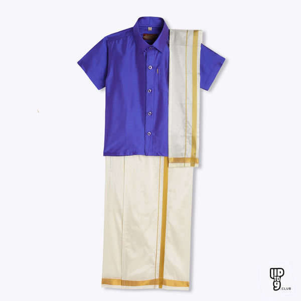 THANGAMAGAN PREMIUM Boys Lavender Shirt with Self-attaching Dhoti, Towel And Freebies Set