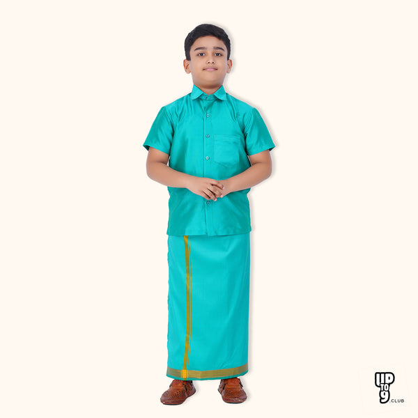 SKV ETHNIVERSE Padmaavathi's Ethnic Wear for Boys Turquoise Silk Shirt - Dhoti Set