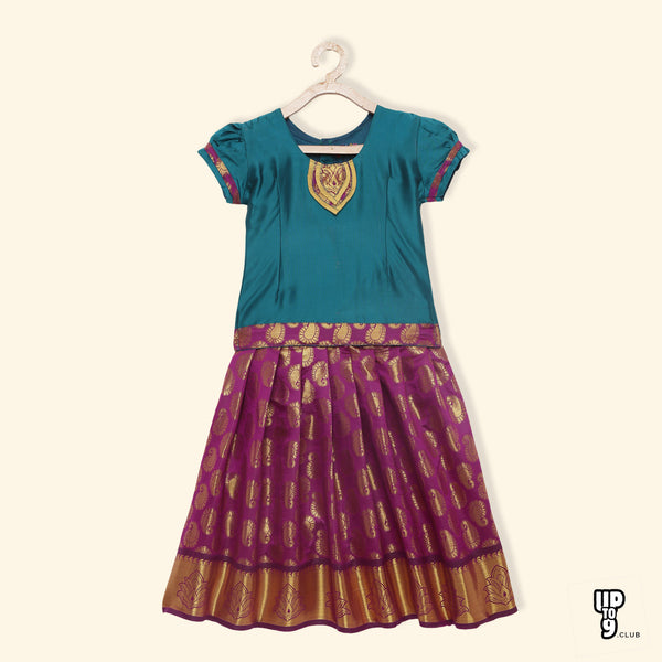 BABY LAKSHMI Half Puffed Sleeves Patch Embroidered Paisley Foil Printed Pattu Pavadai Set - Green
