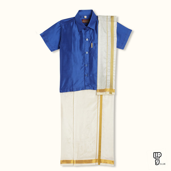 THANGAMAGAN PREMIUM Boys Blue Shirt with Self-attaching Dhoti, Towel And Freebies Set
