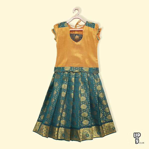 BABY LAKSHMI Viscose Short Puffed Sleeves Floral Foil Printed Pattu Pavadai Set - Mango Gold