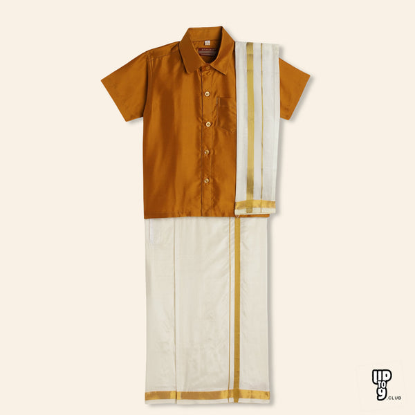 THANGAMAGAN PREMIUM Boys Brown Shirt with Self-attaching Dhoti, Towel And Freebies Set