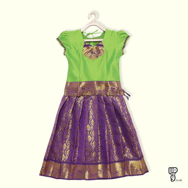 BABY LAKSHMI  Viscose Short Puffed Sleeves Ethnic Motif Foil Printed Pattu Pavadai Set - Parrot Green