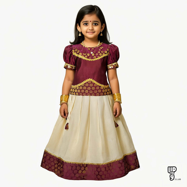 SHREE DEVI  Girls Traditional Indian Lehenga Choli Set, Brown,Mono Banglori Silk Tissue Cotton Pattu Pavada