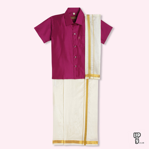 THANGAMAGAN PREMIUM Boys Dark Pink Shirt with Self-attaching Dhoti, Towel And Freebies Set