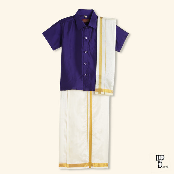 THANGAMAGAN PREMIUM Boys Violet Blue Shirt with Self-attaching Dhoti, Towel And Freebies Set