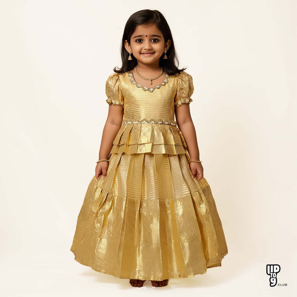 SRI LAKSHMI NARAYANA PREMUIM  Girls Traditional Indian Lehenga Choli Set, Golden , Chanderi Silk Pattu Pavada 355SP