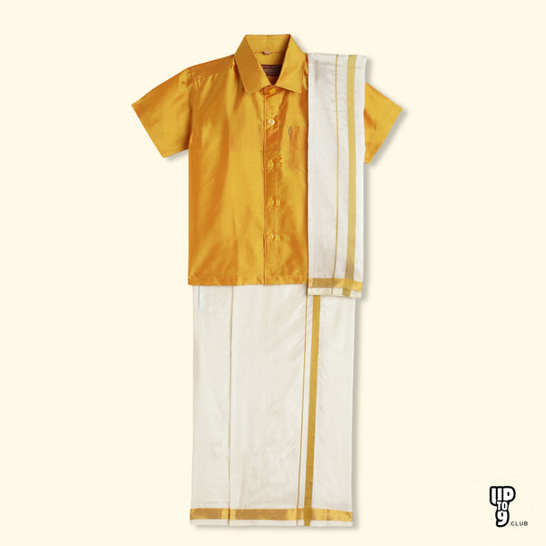 THANGAMAGAN PREMIUM Boys Yellow Shirt with Self-attaching Dhoti, Towel And Freebies Set