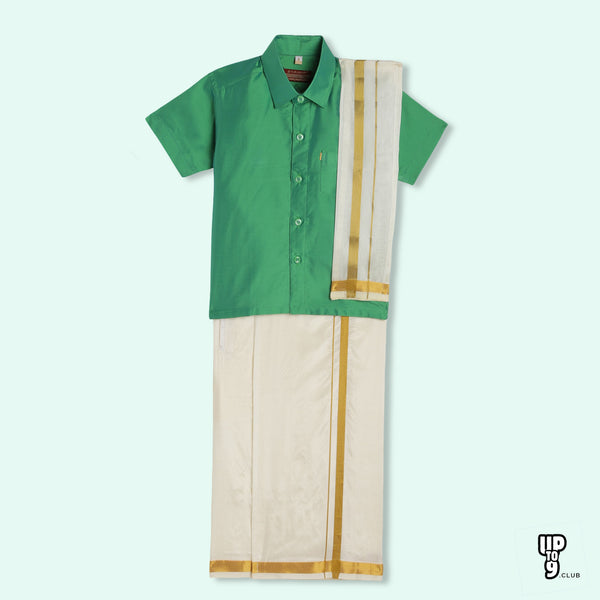 THANGAMAGAN PREMIUM Boys Green Shirt with Self-attaching Dhoti, Towel And Freebies Set