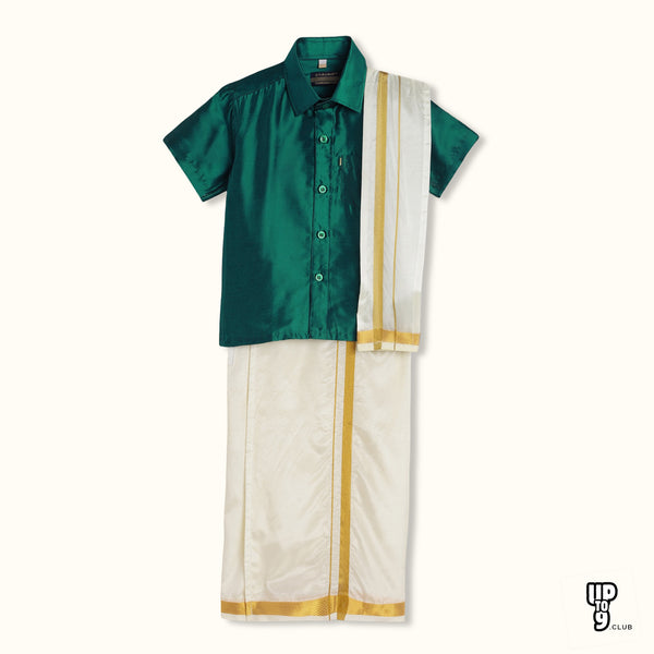 THANGAMAGAN PREMIUM Boys Green Shirt with Self-attaching Dhoti, Towel And Freebies Set