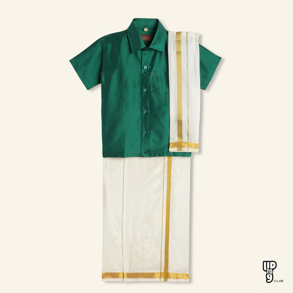 THANGAMAGAN PREMIUM Boys Green Shirt with Self-attaching Dhoti, Towel And Freebies Set
