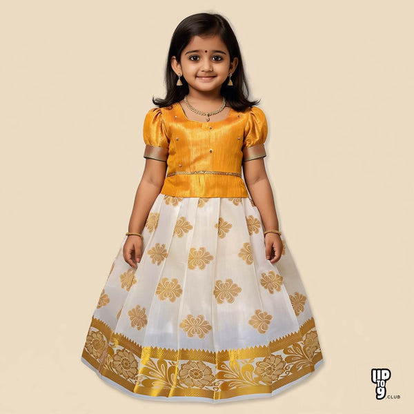 SRI LAKSHMI NARAYANA  Girls Traditional Indian Lehenga Choli Set, Yellow, Tissue - Cotton Pattu Pavada 438SP