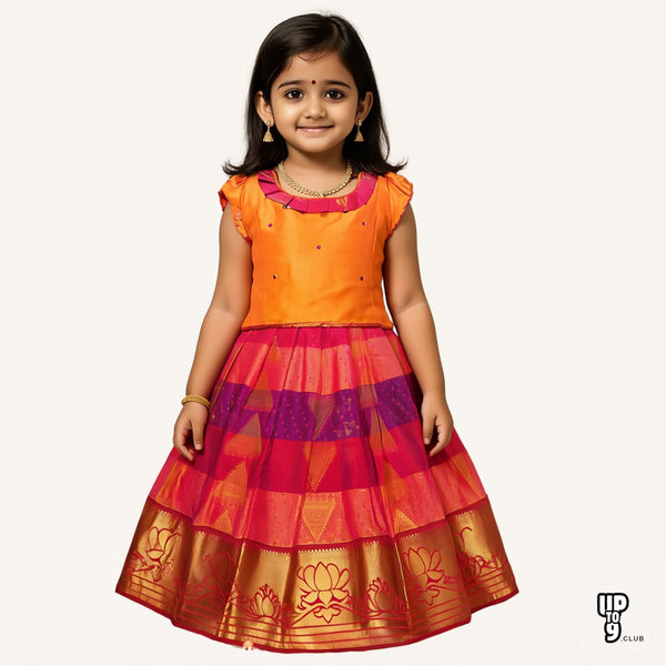 SRI LAKSHMI NARAYANA  Girls Traditional Indian Lehenga Choli Set, Golden and orange ,Embose Pattu Pavadai 125SP
