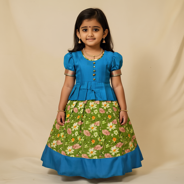 SRI LAKSHMI NARAYANA  Girls Traditional Indian Lehenga Choli Set, Blue,  Cotton Pattu Pavada 620SP