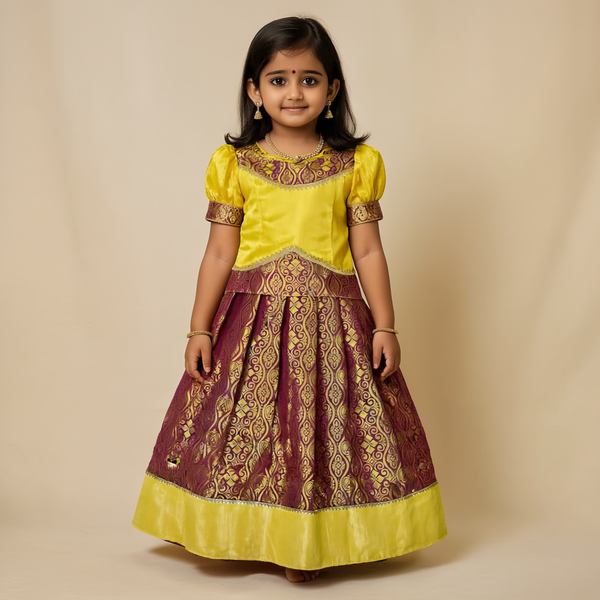 SHREE DEVI  Girls Traditional Indian Lehenga Choli Set, Yellow,Mono Banglori Silk Tissue Cotton Pattu Pavada